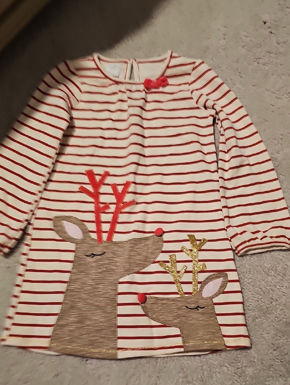 Girls Holiday Reindeer Stripe Dress - Red & Cream